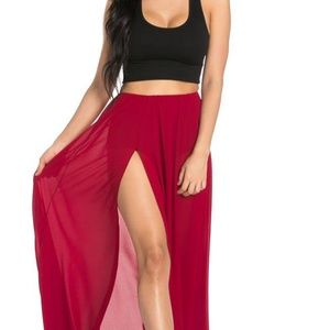 Red Side Double Slit Cuts Maxi Skirt  - Sexy